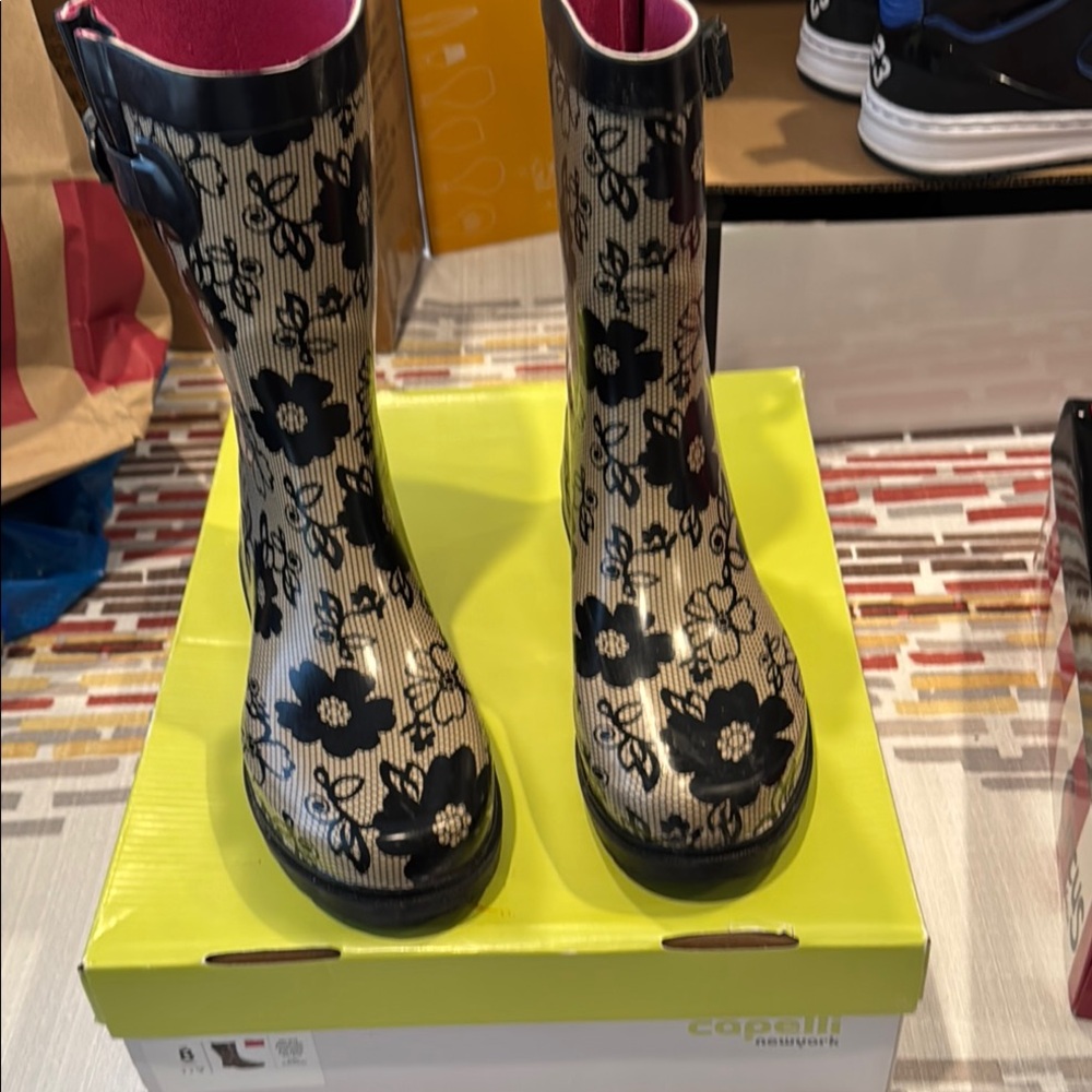 Cream and Black Patterned Winter Rain Boots